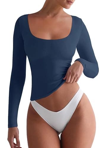 REORIA Womens Basic Square Neck Long Sleeve Shirts Double Lined Tops Tight Shirts Fall Outfits 2025 - Image 1