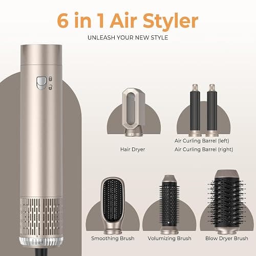 6 in 1 Hairstyler Rundbürstenföhn Haartrockner,Airstyler Lockenstab mit Luft, 3 Temperaturregelung, 1000w Föhnbürste, Geben Sie dem Haar Volumen, Glätten, Locken und Föhnen Sie Trockenes Haar thumbnail 6