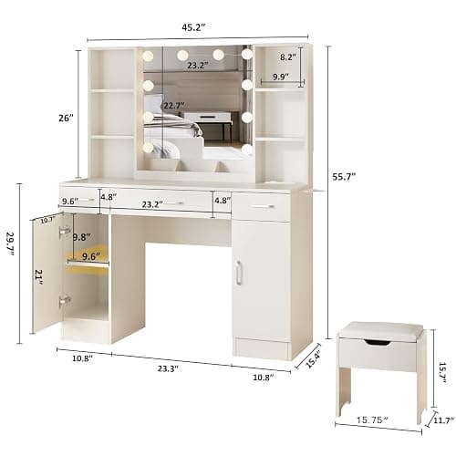 Vabches Makeup Vanity Table with Lighted Mirror & Power Strip, Large Vanity Set Vanity Desk with Storage Stool, 3 Lighting Modes, Brightness Adjustable, 45.2in(L) thumbnail 3