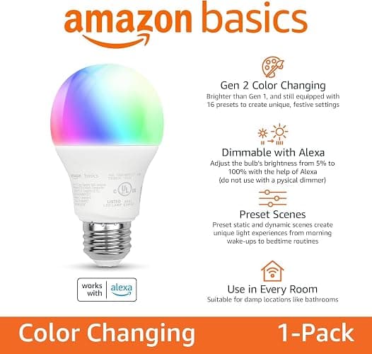 Amazon Basics Smart A19 LED Light Bulb, Color Changing, 9W (60W Equivalent), 800LM, Works with Alexa Only, 2.4 GHz Wi-Fi, No Hub Required, 2 Pack thumbnail 2