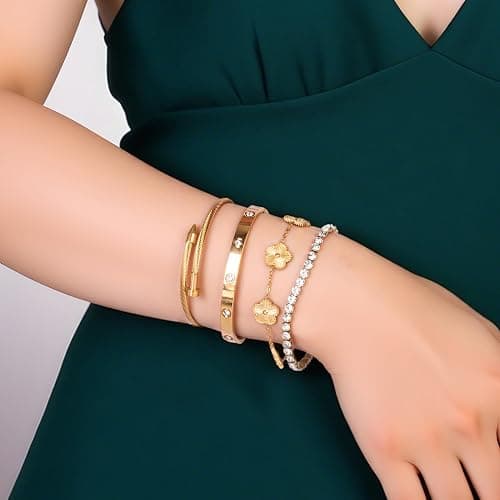 18K Gold Plated Womens Stackable Floral Gold Clover Bracelets Set Love Bangle Bracelets Non Tarnish, Nail Bracelet Set Trendy Jewelry,Gifts for Women's Day and Mother's Day thumbnail 5
