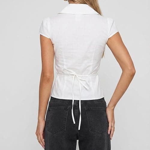 Women Button Down Shirts Y2k Slim Fit Cap Short Sleeve Button Up Collared Cropped Blouse Cute Preppy Tops thumbnail 2