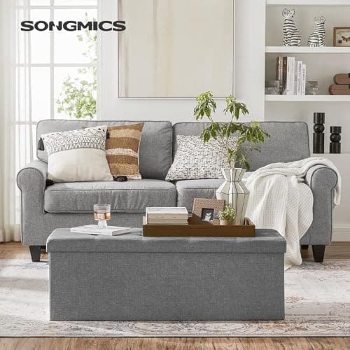 SONGMICS MAZIE Collection - 43 Inches Folding Storage Ottoman Bench, Ottoman Foot Rest, End of Bed Bench, Storage Chest, Load 660 lb, for Living Room, Bedroom, Entryway, Light Gray ULSF77G thumbnail 2