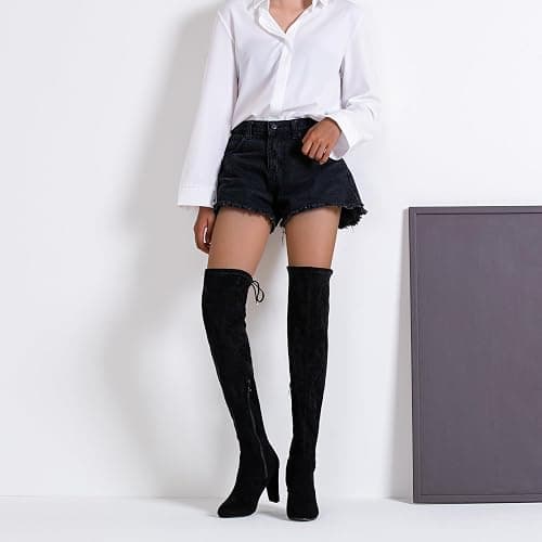 HALL. COST. Women's Suede Thigh High Over the Knee Boots with Block Heel | Above knee heeled silhouette, Tall shaft, Long boot shape, Inside zipper, 3.5 in heel, Skirt and jeans styling, Concerts thumbnail 2