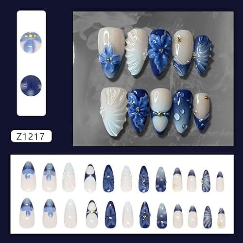 24Pcs Blue Flower Press on Nails Medium Almond French Tip Fake Nails with 3D Gold Starfish Pearls Designs Lily Flowers False Nails Blue Gradient Full Cover Cute Floral Acrylic Stick on Nails for Women thumbnail 2