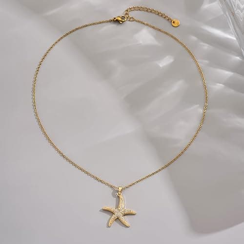 NONAMOIS 18K Gold Plated CZ Starfish Moon Lucky Horseshoe Pendant Necklace for Women Created Round White Opal Choker Necklace Dainty Stainless Steel Jewelry Gifts thumbnail 5