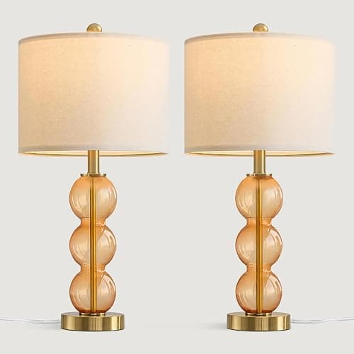 Oneach 25" Amber Glass Table Lamps for Living Room, Glass Modern Table Lamp Set of 2, USB Charging Ports, Linen Shade, Bedside Lamps for Bedroom, Nightstand, Side Table (Bulbs not Included) thumbnail 9
