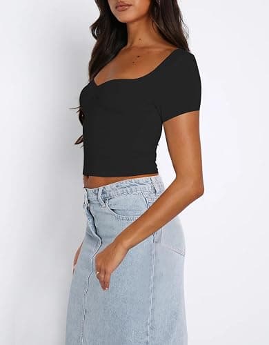Cioatin Women Cute Sweetheart Neck Short Sleeve Crop Tops Ruched Summer Going Out T Shirt Y2K Clothes Tee Teens thumbnail 2