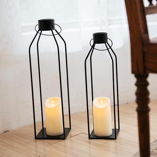 HPC Decor 22'' 19'' Lanterns Decorative w/ Flickering Timer Candles- Large Tall Black Metal Candle Lanterns Set of 2- Modern Farmhouse Decor for Indoor,Outdoor,Tabletop,Porch (No Glass) thumbnail 2