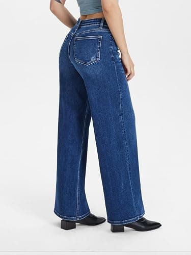 ONESO Mid-Low Rise Baggy Jeans Wide Leg for Women Distressed Pants Stretchy Bottom Lady Basic Comfortable Denim thumbnail 4