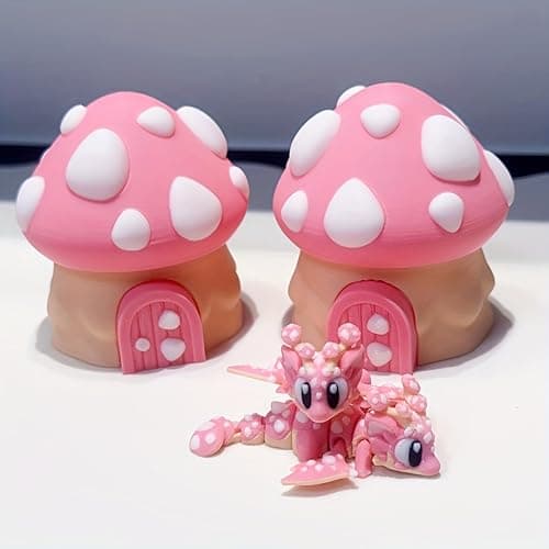 3D Printed Cute Mushroom House + Mushroom Dragon Toy Set,Cute Figurine Desktop Decorative Sculpture Ornament (Blue) thumbnail 5