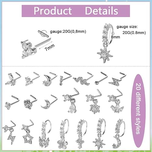 SAMOCO 20Pcs 20G Dangle Nose Ring L Shaped Dangling Nose Stud for Women Stainless Steel Nose Ring Studs CZ Flower Dangle Nose Rings Hoops Nose Piercing thumbnail 3