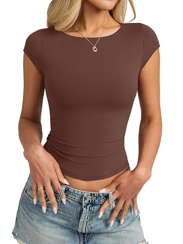EasyGala Womens Double Lined Cap Sleeve Tops Cute Boat Neck T Shirts Slim Fitted Going Out Tees Y2k Summer Clothes 2026 - Image 1