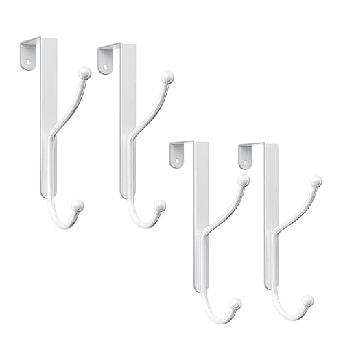 niffgaff Over Door Hook 4-Pack - Heavy Duty Door Hook with Support Pads, No Drilling Required, Anti-Rust Door Hanger, 6.5 Inches Tall, Fits Interior Doors Up to 1⅜ Inches Thick, Alloy Metal, White - 1 3/8 in - White