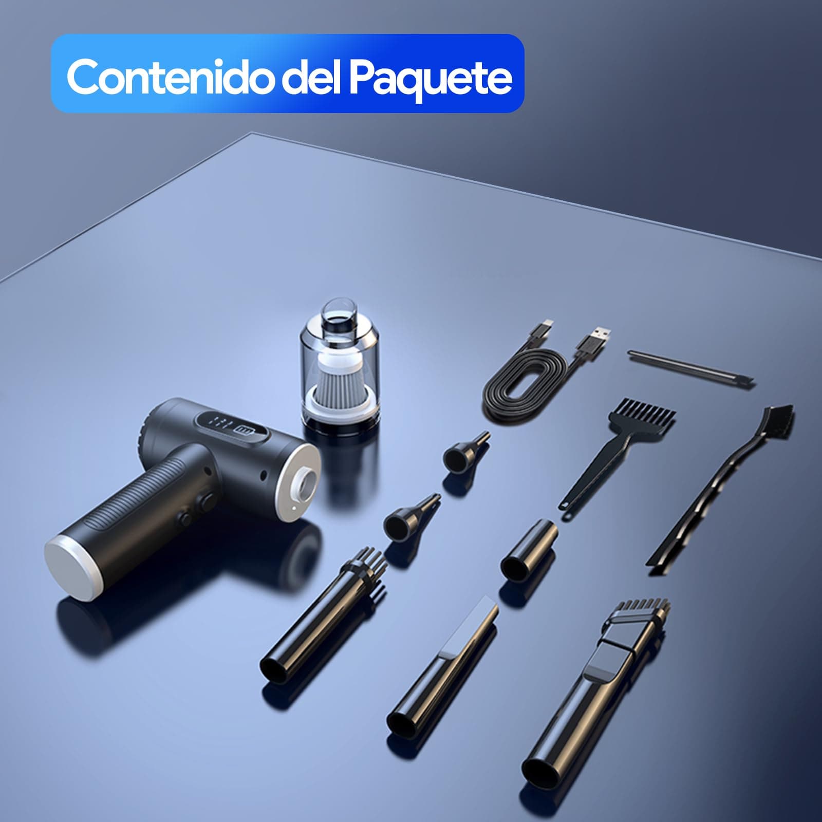 Aspiradora de Mano & Plumero de Aire, 2en1 Aspiradora Inalámbrica de 3 Velocidades con Batería Recargable de 6000mAh, 50000RPM Aire Comprimido con Luz LED, Para Limpiar Computadora,Coche,Hogar,Oficina thumbnail 8