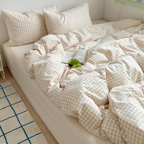 Lanqinglv Single Duvet Cover Set Beige Checkered Gingham Bedding Single Bed | Duvet Cover Single with Zipper Closure,1 Pillowcase 50x75cm,All Season,Oeko-Tex certified,Machinewashable,Great Gift,Soft thumbnail 4