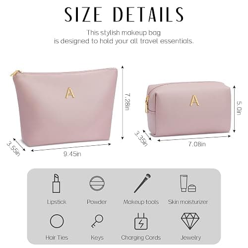 CLOUDWINGS Women Gifts | Initial Makeup Bag Set for Girl Personalized Gifts for Bridesmaid Friend Graduation Teachers PU Leather Cosmetic Travel Toiletry Bag(Pink,A) thumbnail 4