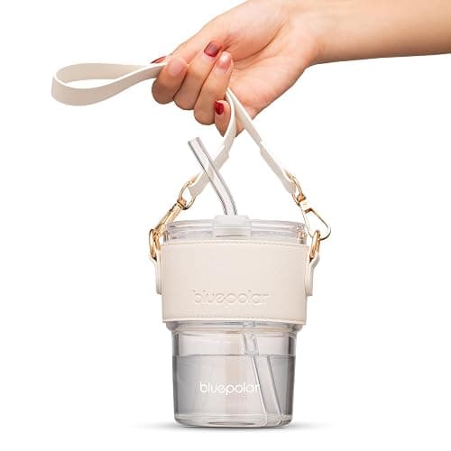 BLUEPOLAR 13oz/400ml Glass Water Tumbler with Straw and Lid Sealed Carry on Thick Wall Iced Coffee Cup for Water, Iced Tea, Fruit Juice (White with Sleeve and Strap) - Image 1