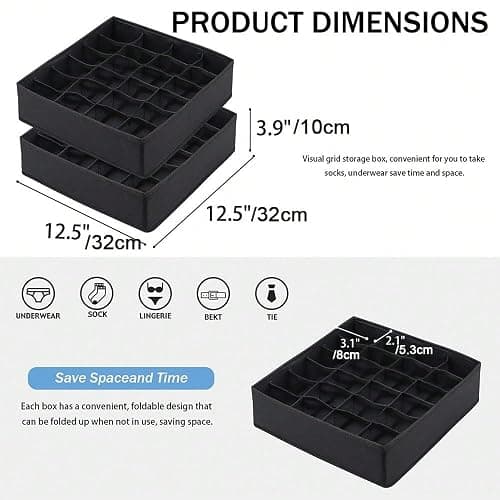 Socks Underwear Storage Box - 24 - Grid Foldable Drawer Organizer for Closet Space Saving, Black thumbnail 2