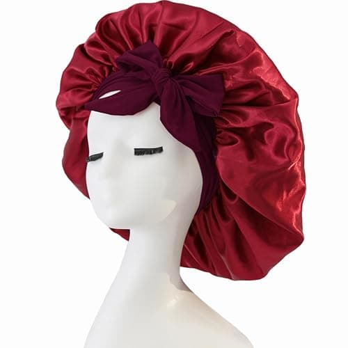 iLamvie Silk Curly Hair Cap, Silk Bonnet, with Adjustable Ribbons, Elastic Satin Night Hat for Sleeping, Women's Satin Night Hat for Women Girls (Red) - Image 1