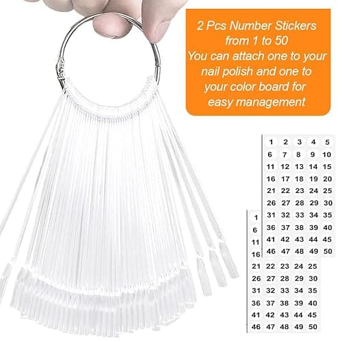 JASSINS 50 Pcs Nail Swatch Sticks with Ring and Numbered Tips - Clear Fan-shaped Display for Nail Art Polish Practice thumbnail 3