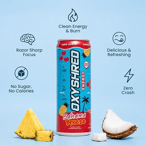EHP Labs OxyShred Healthy Energy Drink - Zero Sugar Energy Drinks with Amino Acids, Green Tea Extract, Vitamin C & L Carnitine - Zero Carbs, Zero Calories, Clean Caffeine, Bahama Breeze (12-Pack) thumbnail 3