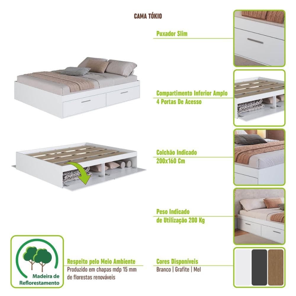 Cama Casal Queen com 4 Portas Basculantes Ct1160 200x160cm Branco - Art In Móveis thumbnail 5