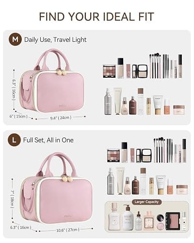 Prite Makeup Bag for Women, Large Capacity Waterproof Travel Cosmetic Organizer, Portable Open Flat Toiletry Bag with Free-Standing Brush Holder and Handle(Pink Medium) thumbnail 2