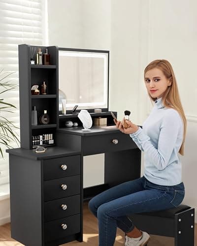 Vanity Desk, Makeup Table with Mirror and Lights, 90cm Black Dressing Table, Fiver Drawers thumbnail 5