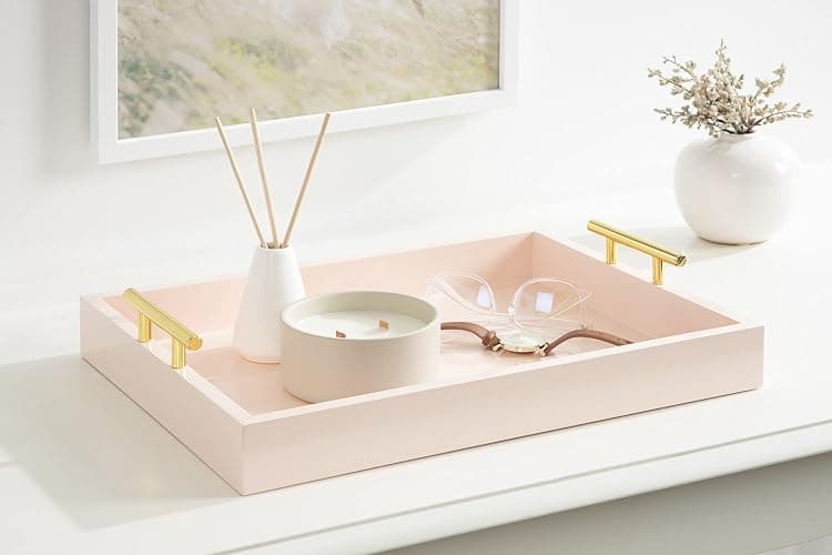 Kate and Laurel Lipton Decorative Tray with Polished Gold Metal Handles, Soft Pink thumbnail 2