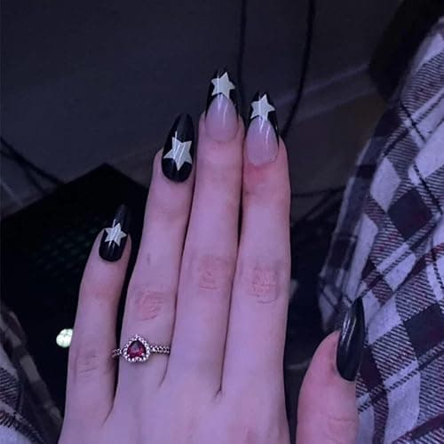 IOSPKKIO® 24 Stück Y2K Künstliche Nägel Lange Falsche Nägel Französische Pentagramm-Acrylnägel für Frauen und Mädchen, Acrylic natürlich Drücken auf den Nägeln thumbnail 5