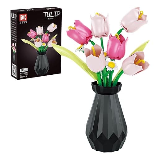 RIESEK Artificial Flower Bouquet Building Set for Adult,Mini Plant Bonsai Tree Friend Set,Botanical Collection Gift for Kid,Tulip Building Blocks with Vase,Birthday Gift for Girl Mom Women Wife - Image 1