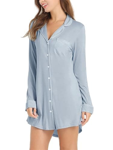 Cherrydew Bamboo Viscose Nightgown Women Super Soft Comfy Cooling Breathable Long Sleeve Sleepwear Button Down Sleep Shirts thumbnail 8
