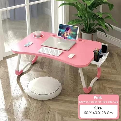 Laptop Bed Table, Foldable Laptop Desk Bed Tray with Storage Drawer, Lap Desk TV Tray for Breakfast Serving, Notebook Stand Reading Holder with Phone Slot and Cup Holder for Sofa Couch Floor-Pink thumbnail 7