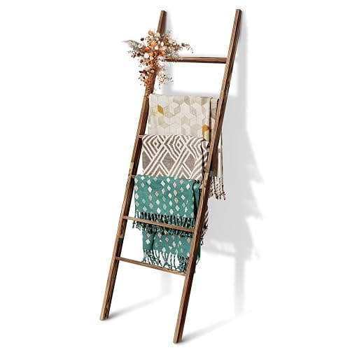 6-Tier Blanket Ladder Wooden, 5.7FT(66.5'') Blanket Quilt Towel Holder Rack Decorative Ladder, Easy Assembly, Rustic Farmhouse Ladder Shelf for The Living Room Bedroom Bathroom Home Decor, Brown thumbnail 8