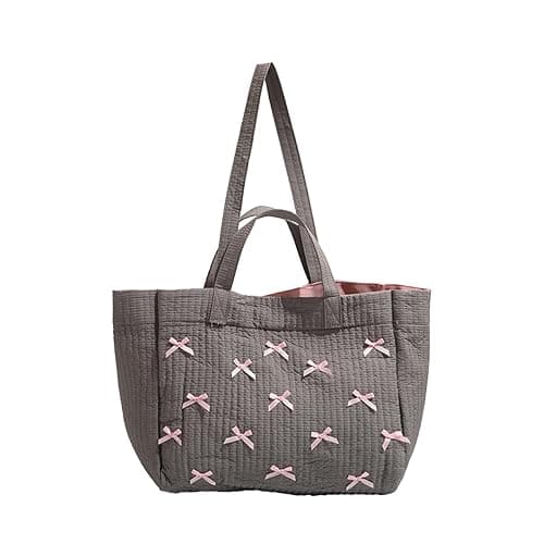 Umimss Preppy Y2K Bow Tote Handbag - Gray-Pink Puffer Aesthetic Large Shoulder Hobo for School, Fashion and Travel - Image 1