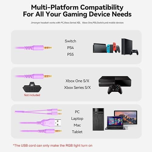Jimonyer Gaming Headset for PS5 PS4 PC Xbox Series X|S Switch, 7.1 Stereo Surround Sound Over Ear Headphones with Noise Canceling Mic, RGB LED Light, Soft Memory Earmuffs for Gaming or Work, Purple thumbnail 7