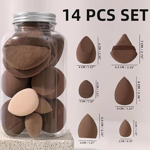 GOERTI Beauty Blender Sponge Set 14PCS – Multi-Size Makeup Sponges for Foundation, Liquid, Powder - Triangle Puffs, Mini Beauty Blender, Thumb Powder Puff, Reusable & Wet or Dry Use (Brown) thumbnail 7