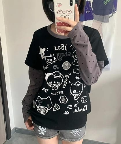 GOTHPICKUS Womens Y2k Cute Graphic Sweatshirts Harajuku Kawaii Striped Sweatshirt Patchwork Cartoon Casual T-Shirts thumbnail 5