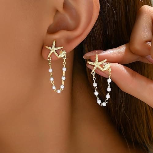Starfish Earrings for Women Pearl Drop Seashell Earrings, Tropical Beach Ocean Dangle, Summer Vacation Beach Jewelry Gifts thumbnail 2