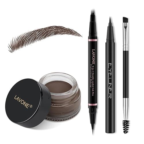 LAVONE Eyebrow Pencil Makeup Kit, with Waterproof 2-IN-1 Microblading Eyebrow Pen, Eyebrow Pomade, Eyeliner and Dual-ended Eyebrow Brush, Brow Pencil Kit for Natural Eyebrows - Black Brown - Image 1