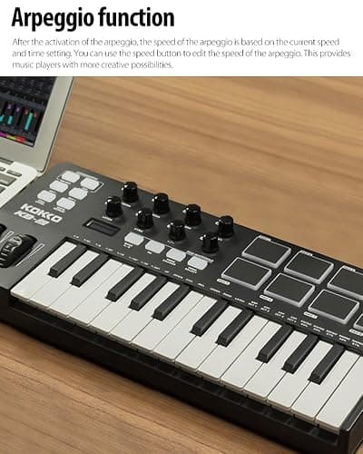 KOKKO 25 Key MIDI Controller Keyboard, USB Powered Mini MIDI Keyboard with 8 Backlit Pads 8 Assignable Knobs, Built-in Arpeggiator for Music Production, Compatible with Cubase/FL Studio/Logic thumbnail 9