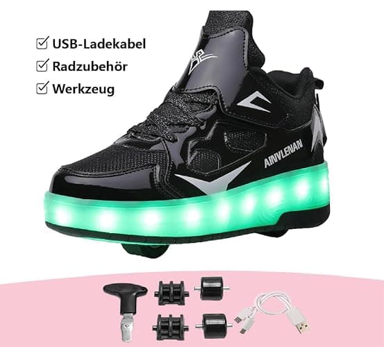 HUSKSWARE Kids Shoes with Wheels – 2-Wheel Roller Trainers for Boys Girls, LED Light-Up USB Rechargeable Retractable Sneakers, Outdoor Sports Skating Shoes EU 27-40 Black Pink Gold Silver White thumbnail 5