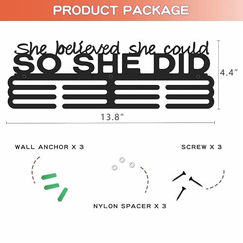 Medals Hanger Display Holder Rack 13.8 inches She Believed She Could Wall Mount Steel Frame Over 60 Medals-Sports Medal Hangers Racks Bib Ribbon with Easy Hanging Bars Black 3 Lines thumbnail 2