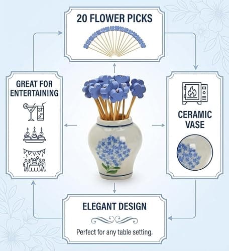 Hydrangea Ginger Jar & Bamboo Cocktail Picks Set - Elegant Ceramic Decor Piece with 20 Eco-Friendly Picks for Entertaining thumbnail 3