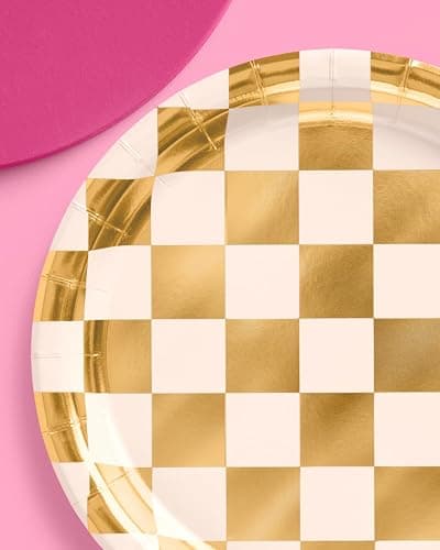 xo, Fetti Gold Checkered Paper Plates | 25pk, 9" | Bachelorette Tableware, Birthday Party Supplies, Modern Disposable Setting, Dinner Table Decor thumbnail 2