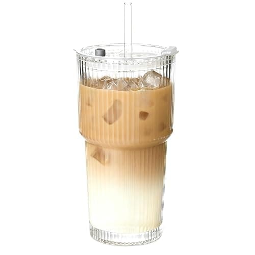 AFINSEA 20OZ Glass Tumbler with Straw and Lid,Glass Cups with Lids and Straws,Ribbed Iced Coffee Cups Vintage Glassware for Juice Whiskey Cocktail Beer - Image 1