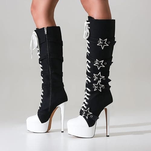 Feinlina Wome's Canvas Lace Up Knee High Platform Stiletto Heel Boots | fashion round toe,stripper platform heels,club party booties,balck thigh high boots thumbnail 2