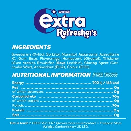 Wrigley's Extra Refreshers Chewing Gum, Bubblemint Flavour, 16 Packs of 7 Pieces, Sugar Free Bulk Pack with Xylitol (112 pieces) thumbnail 3