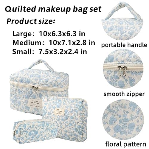 Dkieuyu 3Pcs Cotton Quilted Makeup Bag Set, Cute Floral Makeup Bags, Large Travel Coquette Make up Bag Cosmetic Bag Toiletry Organizer Bag for Women Girls (A) thumbnail 7